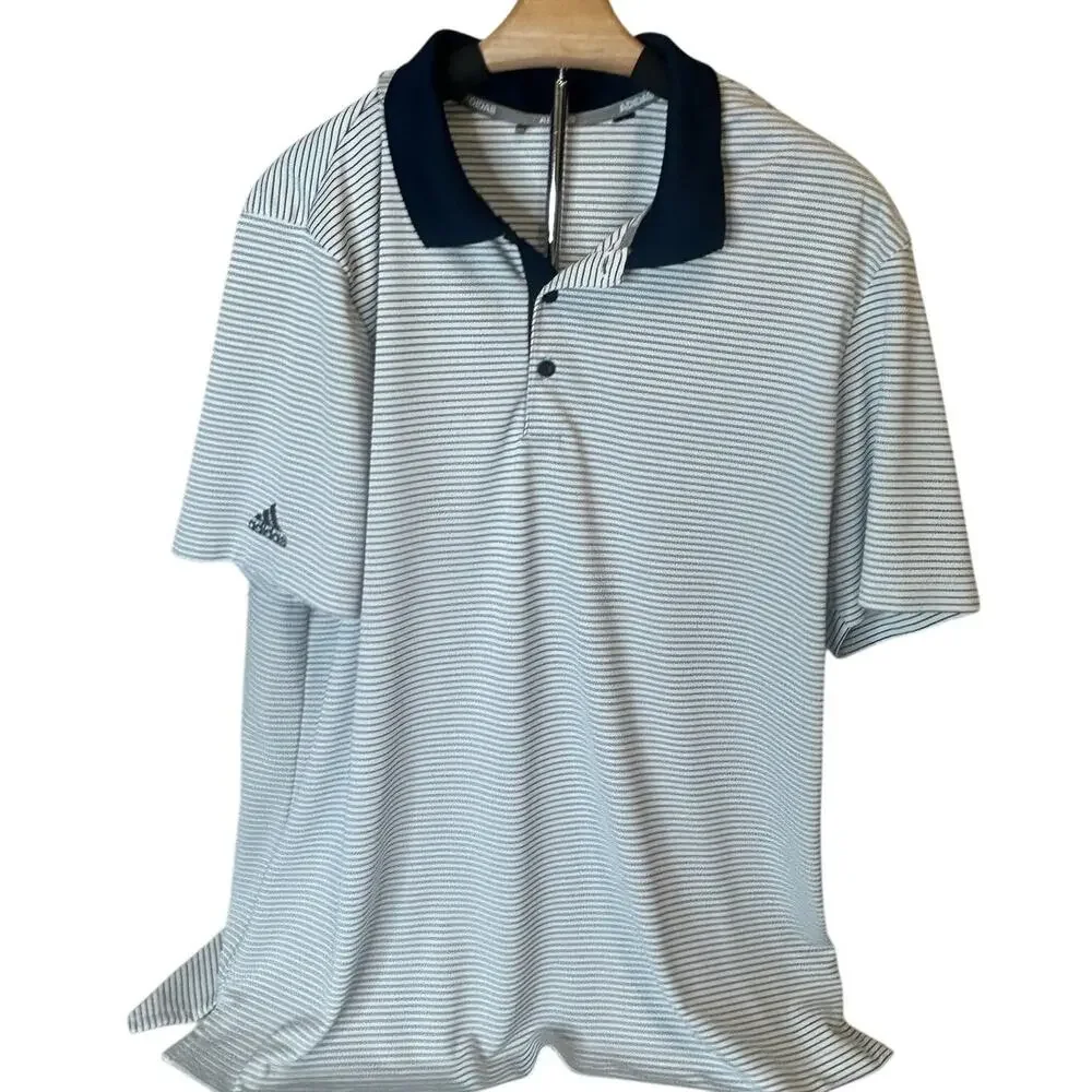 Adidas Men's Large Navy and White striped polo shirt
